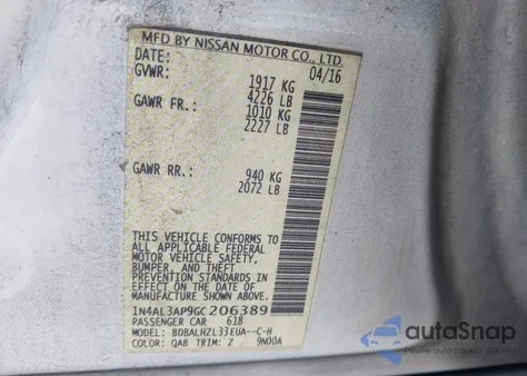 2016 Nissan Altima 2.5 Sr from USA, damaged, VIN 1N4AL3AP9GC206389